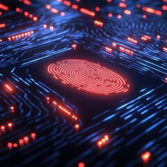 Poster - Glowing Red Fingerprint on Blue Circuit Board - Cyber Security Concept.