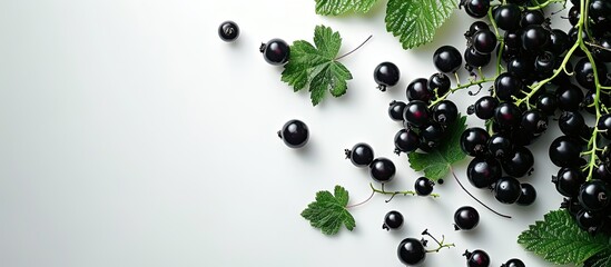 Aufkleber - Black currant A backdrop featuring black currants and leaves on a white surface Space for text. with copy space image. Place for adding text or design