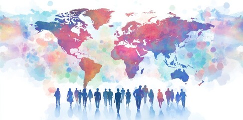Poster - on a white background, there is an abstract digital technology network with people and a globe