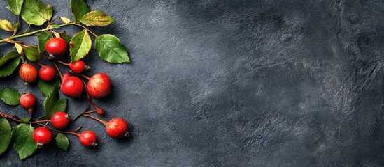 Wall Mural - Dog rose rose hips briar brier berries and leaves against a dark concrete backdrop With copy space