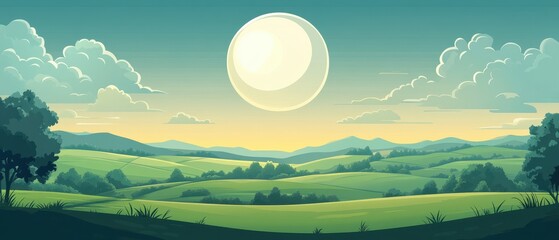 Wall Mural - Stunning Green Hills Landscape with a Shining Sun and Fluffy Clouds in the Sky - Vector Illustration.