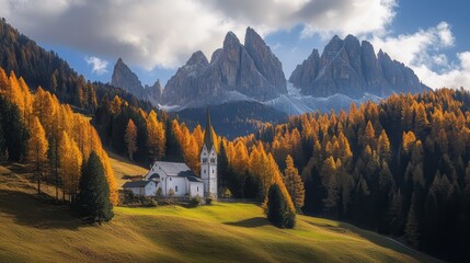 Canvas Print - Scenic countryside view in Funes Valley, South Tyrol, Italy. The dramatic landscape of the Dolomites features the St. Magdalena Church in Puez Odle National Park.