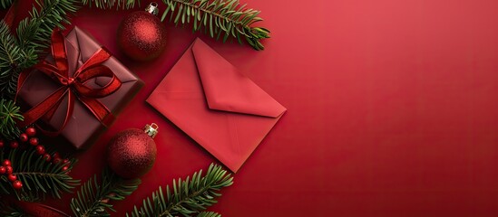 Poster - Christmas greeting card mockup featuring gift boxes a card with an envelope and pine tree branches on a red paper background Top view copy space