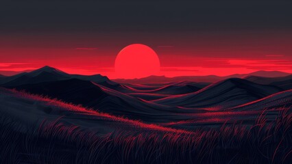 Poster - Sunset over hills with dark silhouettes in the distance