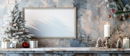 Poster - Christmas mockup featuring a white frame and tree decorations A portrait frame rests on a wooden shelf in front of a rustic grey wood wall panel background Copyspace