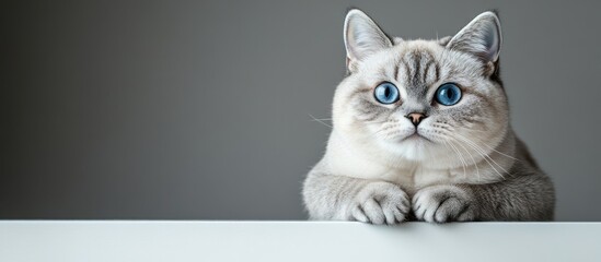 Poster - A funny large tabby kitten with beautiful big blue eyes Concept of pets and lifestyle A lovely fluffy cat smiling against a grey background A British Shorthair cat resting on a white table