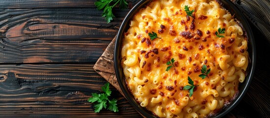 Poster - Mac and cheese is a classic American macaroni casserole in a creamy sauce A top view on a dark stone table. with copy space image. Place for adding text or design