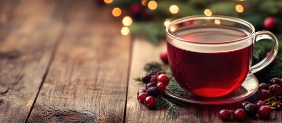 Aufkleber - Christmas hot healthy berry tea on a rustic wooden table Copyspace