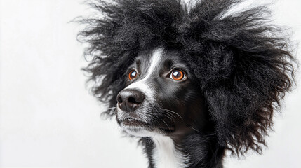 Wall Mural - dog in a black afro wig isolated on white background. groomer concept