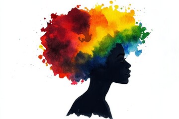 Painting of a silhouette head profile filled with colorful paint splashes on a white background in colorful water color