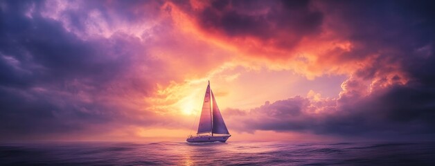 Wall Mural - An elegant sailboat sails on calm waters against a backdrop of colorful clouds in shades of orange and purple at sunset