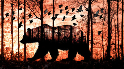 Sticker - Silhouette of a bear overlays a forest scene with flying birds against a fiery sunset background.Intricate design seamlessly combines elements of wild animals and nature,double exposure effect.AI gene