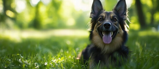 Poster - Happy dog grinning and frolicking in the green grass on a warm summer day animal wallpaper. with copy space image. Place for adding text or design