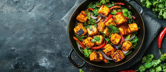 Aufkleber - Indian cuisine Paneer Tikka Kabab with chili pepper onions and curry sauce in an iron pan on a gray stone background Asian salad Top view Copyspace
