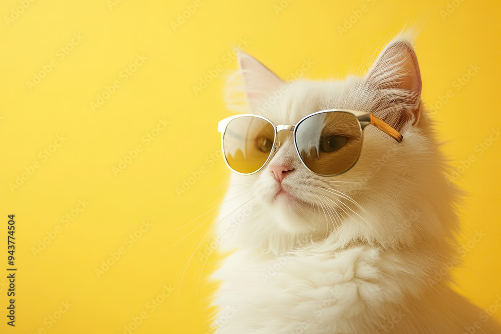 Closeup portrait of a furry white Siberian cat wearing fashion ...