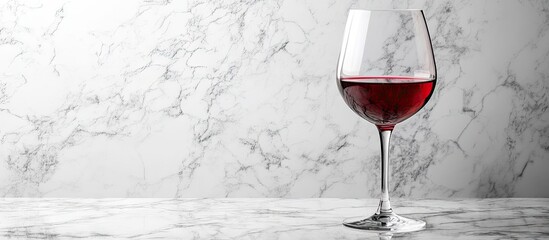 Poster - glass of red wine on marble surface isolated against grey background. with copy space image. Place for adding text or design