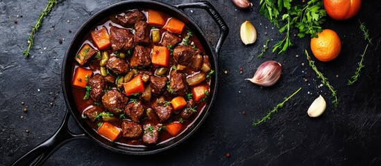 Fototapete - Winter Food concept featuring homemade organic beef stew or bourguignon in a cast iron skillet with copyspace