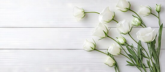 Sticker - Lovely eustoma flowers on a white wooden surface. with copy space image. Place for adding text or design