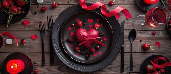 Poster - Valentine s Day table decoration featuring a ribbon and a decorative heart A dinner setup for Valentine s Day Top view copyspace