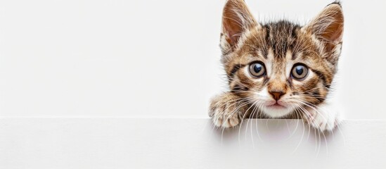 Poster - A curious kitten peers down at an empty white banner set against a white background. with copy space image. Place for adding text or design