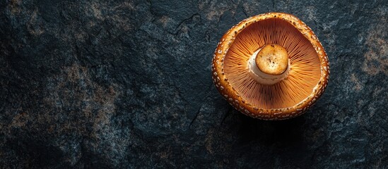 Aufkleber - Top view of a mushroom on a black granite surface Copy space Dark mode