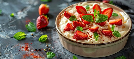 Poster - Cottage cheese casserole topped with strawberries and mint on a rustic backdrop featuring copy space