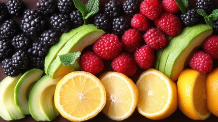 A beautifully arranged flat lay of freckle-fighting foods, including avocados, berries, and citrus fruits, set against a textured background for a fresh, natural look 