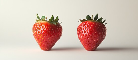 Wall Mural - Close up of two strawberries next to each other On the left is a misshapen fruit compared to the typical shape on the right Both are isolated against a simple white background. with copy space image