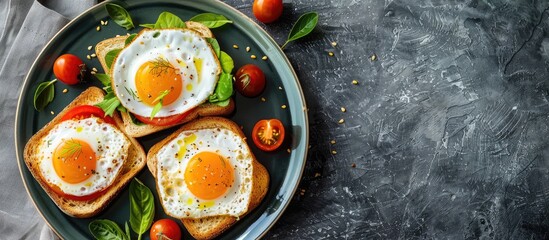Aufkleber - Top view of a toast sandwich on a plate with a background of copy space