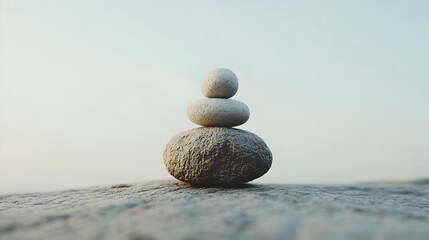 Poster - Balanced Stone Sculpture in Tranquil Landscape with Ample Copyspace for Text or Branding  Minimalist Serene and Elegant Natural Composition