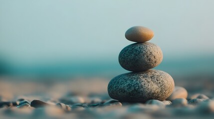 Poster - Single stone balanced atop another in a minimalist simplistic natural composition with ample clear space for graphic design text overlay or copy
