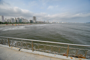 Wall Mural - View from the breakwater of Santos to Jose Menino beach, Canal 1,  and all the extension of the shore. Coast of the city of Santos, SP, Brazil.