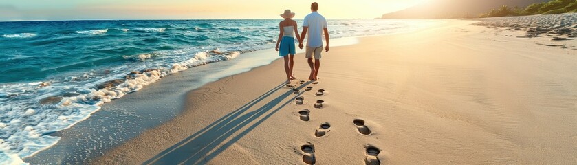 Romantic couple walking hand in hand along a beautiful sandy beach during sunset. Footprints in the sand add to the serene atmosphere.