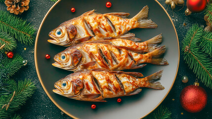 Three grilled fish served on a black plate, garnished with Christmas decorations and fir branches.