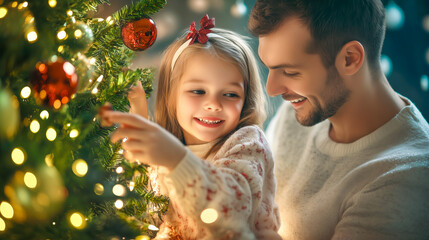 Smiling young father and daughter decorating a Christmas tree with lights and ornaments.