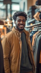 Cheerful man with curly hair and bright smile browsing clothing store, wearing stylish mustard jacket. Warm lighting creates inviting atmosphere in trendy boutique.