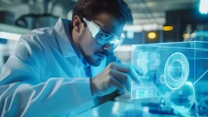 Poster - Engineer in a lab coat and safety glasses interacting with a holographic technical model in a high-tech laboratory. Concept of advanced engineering, innovation 