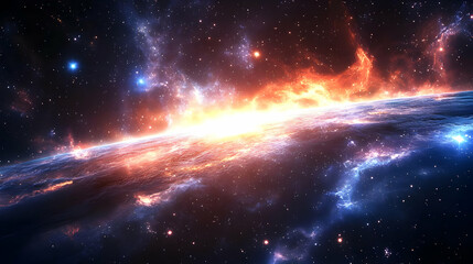 Wall Mural - A vibrant and colorful nebula with fiery orange hues and bright blue stars in the foreground, creating a breathtaking cosmic landscape.