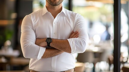 Poster - Businessman, cafe, restaurant, white shirt, business, businessman, close, senior, elegant, casual, close, cafe, hotel, reception, arms crossed 