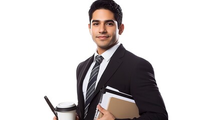 Wall Mural - a Confident Hispanic Man: A man looking confident while holding a laptop, with a coffee cup, a stack of files, and a pen on a white studio background. He is dressed in professional business attire 