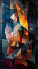 Wall Mural - Abstract geometric painting with orange, red and blue colors.