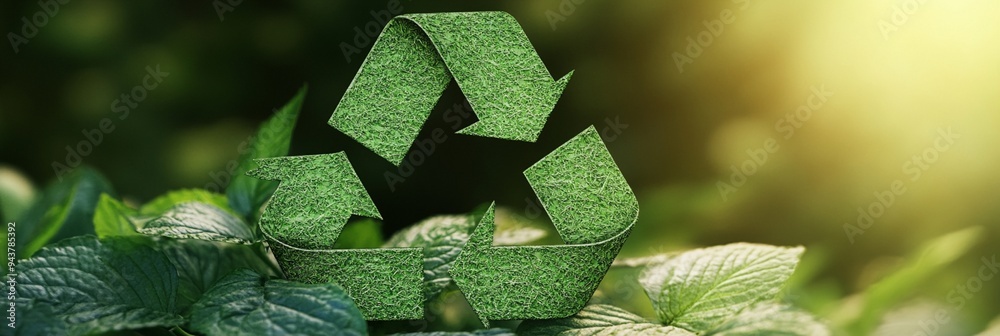 Green recycling symbol made of grass or moss nestled among lush leaves ...