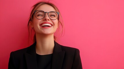 Canvas Print - Young happy cheerful professional business woman, happy laughing female office worker wearing glasses looking away at copy space advertising job opportunities or good business services 