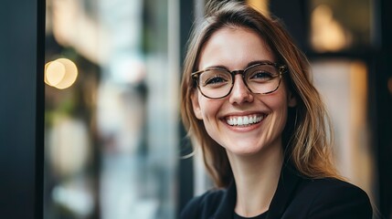 Wall Mural - Young happy cheerful professional business woman, happy laughing female office worker wearing glasses looking away at copy space advertising job opportunities or good business services