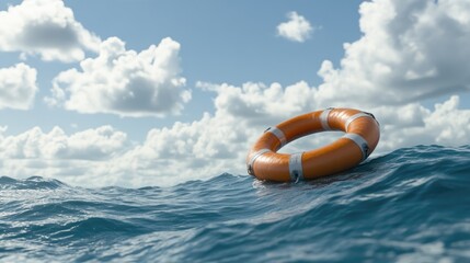 Wall Mural - An orange life preserver drifts gently on the calm sea during a clear day, surrounded by a vast expanse of water and a bright blue sky filled with fluffy clouds