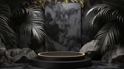 Wall Mural - Illuminated pedestal in dark, tropical setting: glowing platform surrounded by lush palm fronds, creating an enigmatic, luxurious atmosphere for product display.