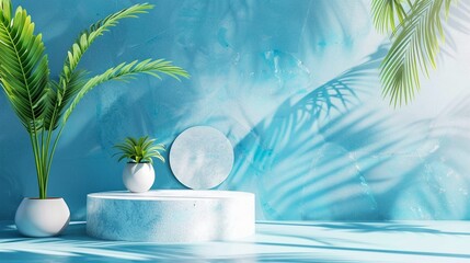 Wall Mural - Tropical minimalist product display with palm leaves casting shadows on turquoise wall, featuring white podium and circular mirror, evoking serene spa ambiance.