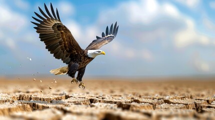 Majestic bald eagle takes flight over dry, cracked earth with a vivid blue sky in the background, symbolizing freedom and strength.