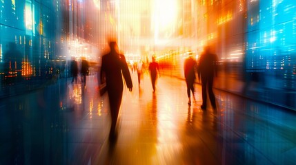 Wall Mural - blurred silhouettes of people walking in a vibrant urban setting, with streaks of blue and orange li