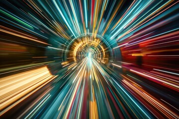 Poster - A dynamic burst of light and color, creating an impression of speed and movement through a vibrant tunnel of energy.